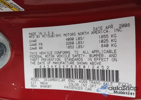 2009 Mitsubishi Eclipse Gs z USA, uszkodzony, nr VIN 4A3AK24F89E012452